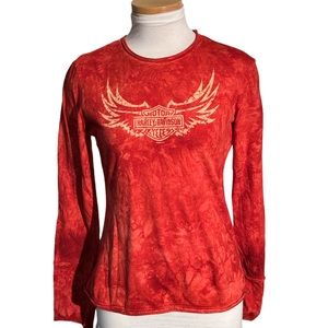 Harley Davidson y2k  Red Tie Dye Long Sleeve Top Size Small